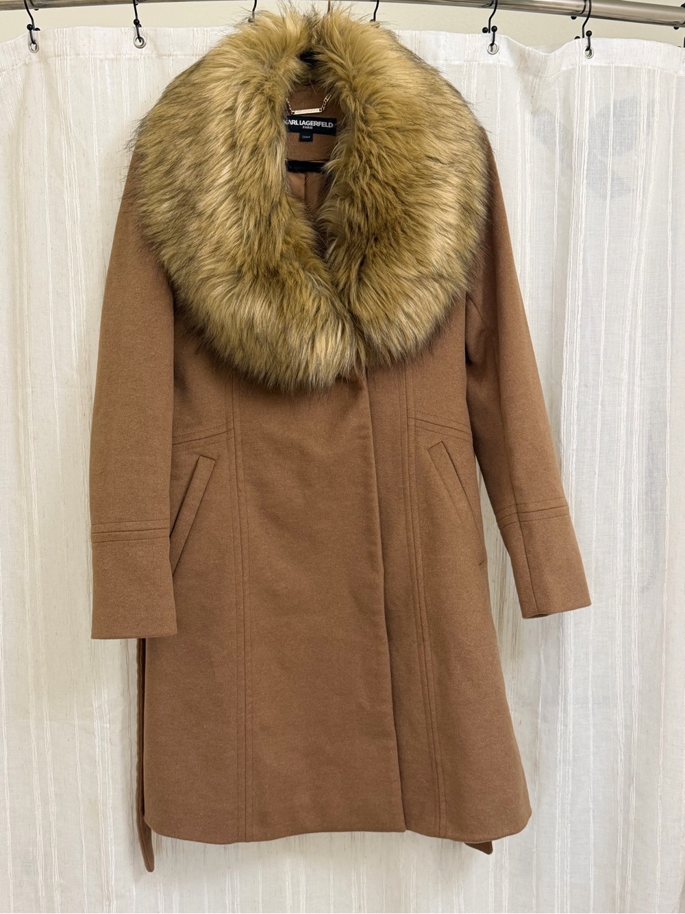 RARE!! Karl Lagerfeld Brown Wool Trench Coat with Faux Fur Collar